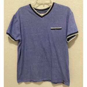 Scott James Blue V-Neck T-Shirt With Striped Collar & Pocket Accents Size L